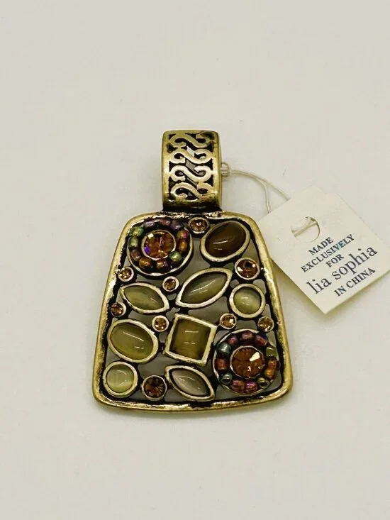 Lia Sophia Tapestry Slide Pendant Antique Gold Tone Gemstone Crystal Boho Ornate - Picture 4 of 7